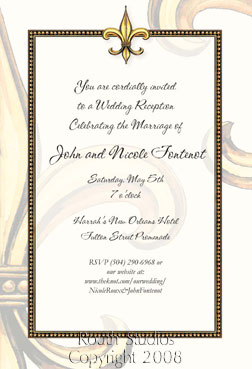 Fleur-de-lis Medely Invitation Gold Beaded Border Louisiana Invitations - Cajun Invitations